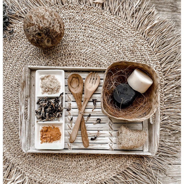 Set tacamuri din lemn de tec, 2 furculite si 2 linguri, 20cm, maro