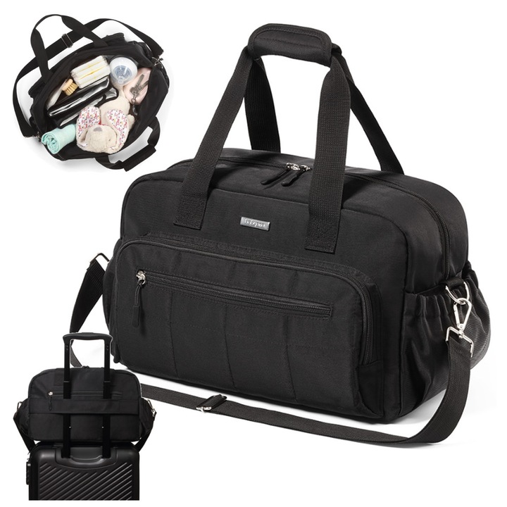 Babyono utazótáska szülőknek, kompakt és tágas, 12 zsebbel, fekete, 40x20x25cm