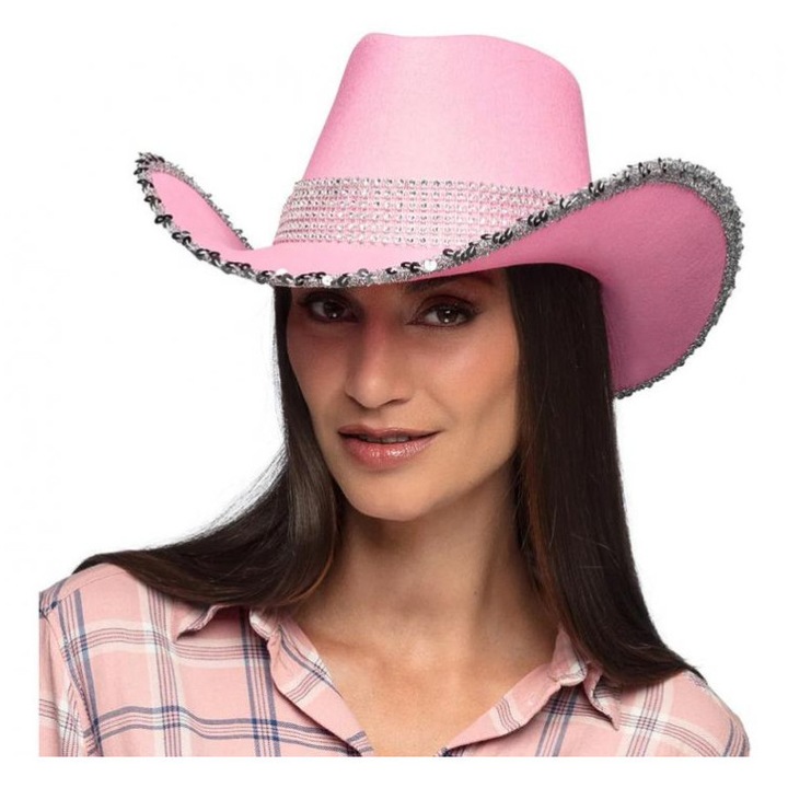 Palarie cowboy dama, roz cu pietre argintii (cowgirl)