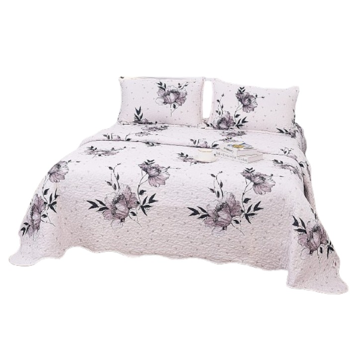 Cuvertura de pat, Microfibra, 3 piese, 2 persoane, 220x240cm, Imprimeu Floral, Negru-Alb