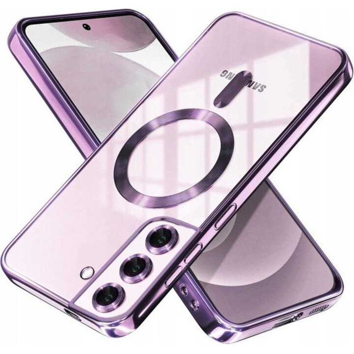 Луксозен калъф DaDen® MagSafe за Samsung Galaxy S21 Plus със защита на камерата, безжично зареждане, ултра защита, прозрачен с лилави кантове