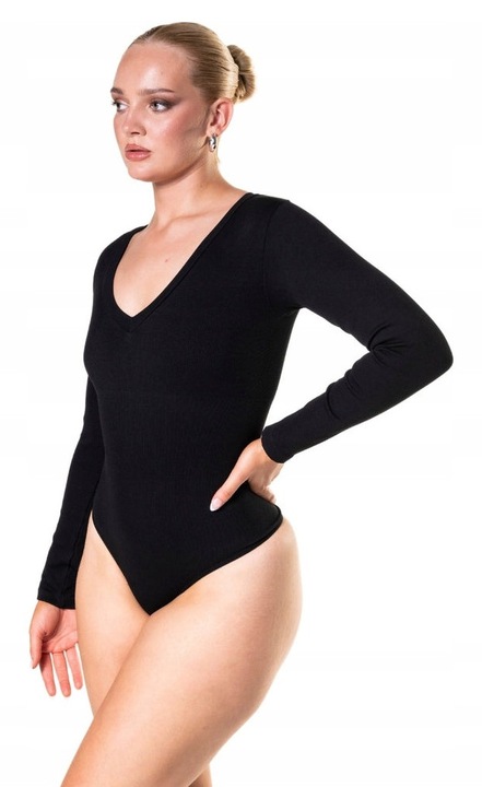 Body cu maneca lunga, Heyshape, decolteu adanc,nylon/elastan, negru, M-L INTL