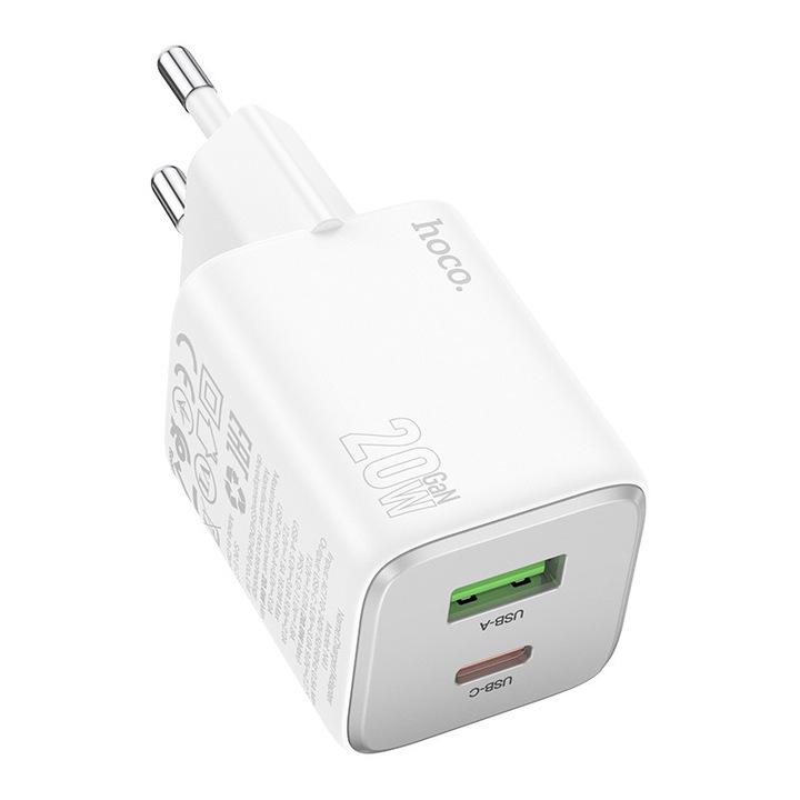 Hoco N41 Almighty utazó töltő 2 kimenettel, USB-A 18W és USB-C 20W, fehér