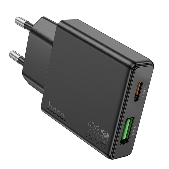 Incarcator de calatorie Hoco N38 Delgado cu 2 iesiri, 1xUSB-C 20W si USB-A 18W, 86x46x14mm, negru