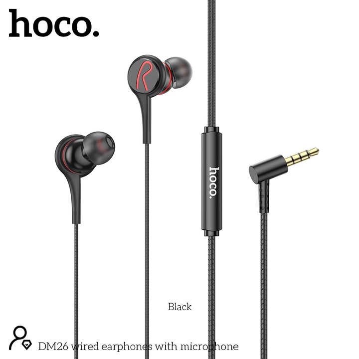 Casti cu fir Hoco DM26, microfon incorporat, cablu 1.2m, negru