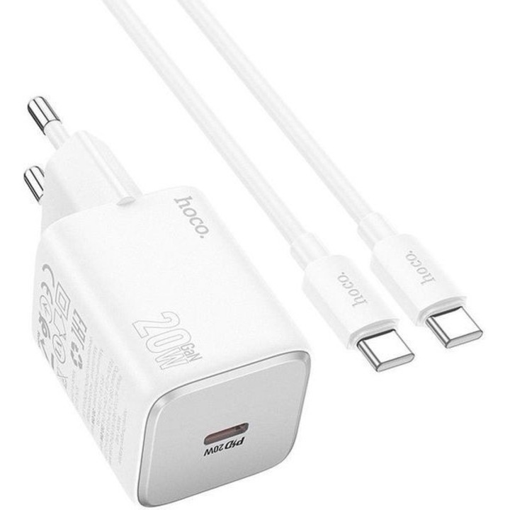 Hoco N40 Mighty USB-C 20W telefontöltő, szett 1m USB-C kábellel, fehér, 81x34x34mm