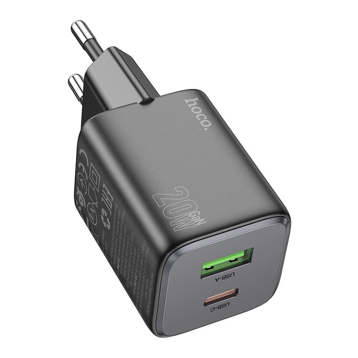 Hoco N41 Almighty utazó töltő 2 db USB QC3.0 18W és USB-C PD 20W kimenettel, fekete