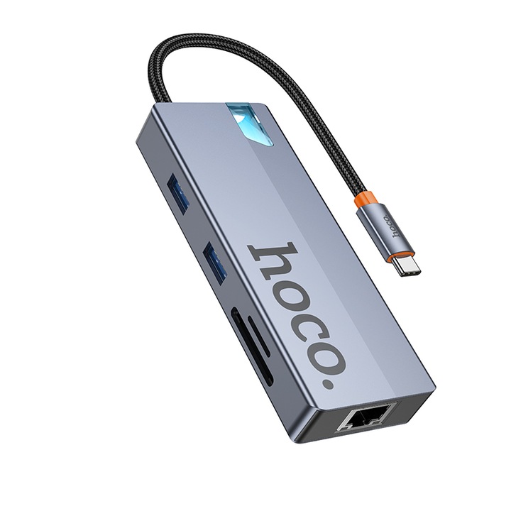 Hub USB-C Hoco HB52 8-in-1, HDTV 4K, RJ45 100Mbps, SD/TF, USB-C PD100W, USB-A 3.0