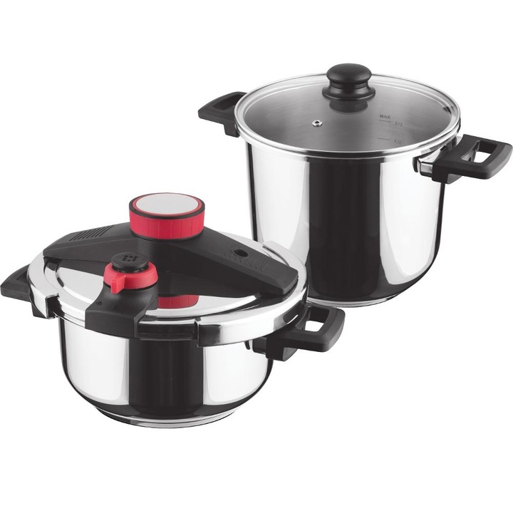 Set Oale sub Presiune Lamart Quattro 4lt & 7lt, inox 18/10, capac din sticla, rosu