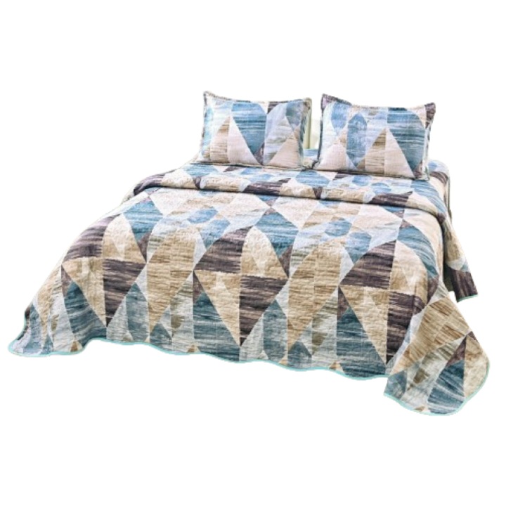Cuvertura de pat, Microfibra, 3 piese, 2 persoane, 220x240cm, Imprimeu Forme Geometrice, Multicolor
