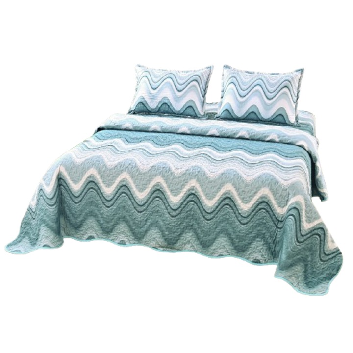 Cuvertura de pat, Microfibra, 3 piese, 2 persoane, 220x240cm, Imprimeu Valuri, Multicolor