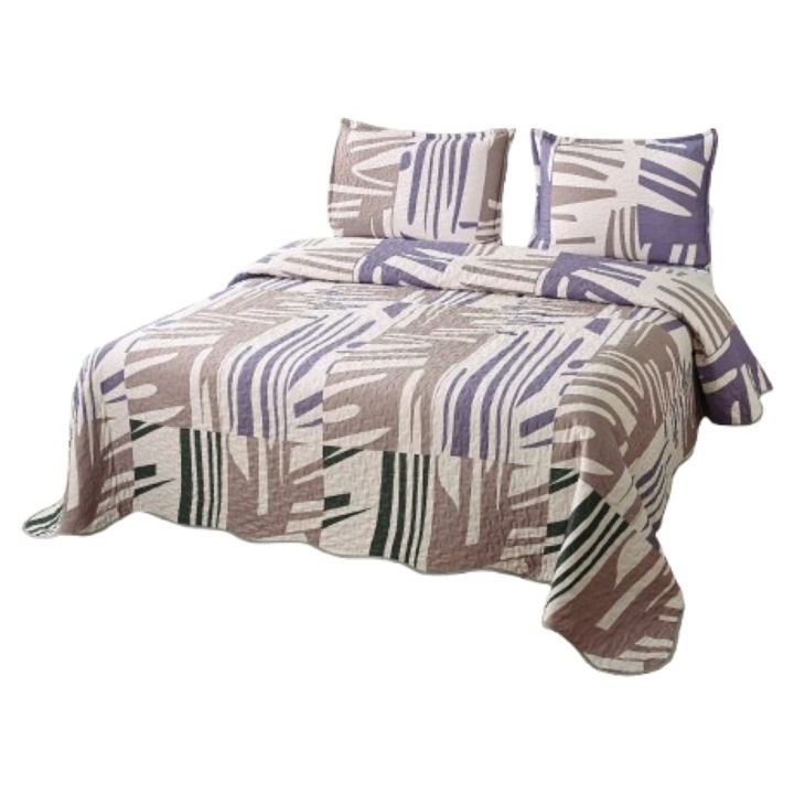 Cuvertura de pat, Microfibra, 3 piese, 2 persoane, 220x240cm, Imprimeu Abstract, Bej Nuante-Bleumarin