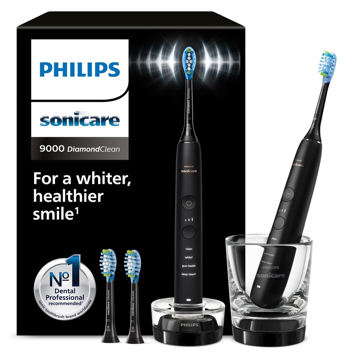 Philips Sonicare Diamondclean 9000 elektromos fogkefe, dupla készlet, fekete, alkalmazással, 4 fogmosási mód