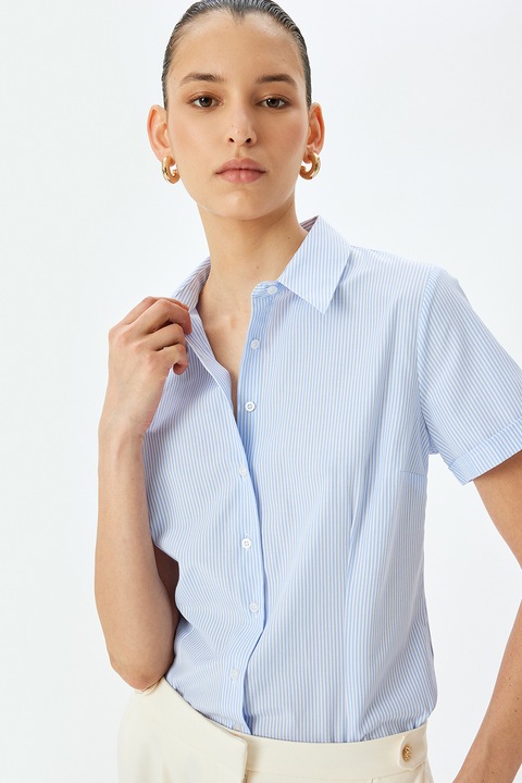 KOTON, Camasa cu maneci scurte si model in dungi, Alb/Albastru deschis, XL