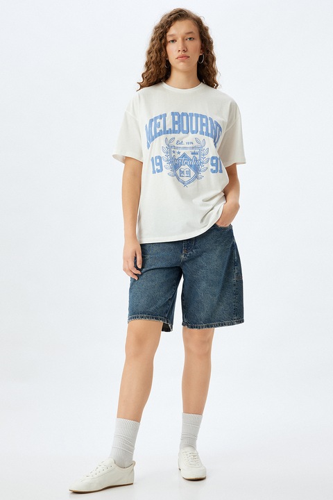 KOTON, Tricou cu imprimeu text, Alb murdar, Albastru, S