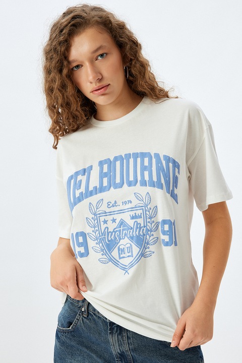 KOTON, Tricou cu imprimeu text, Alb murdar, Albastru, S