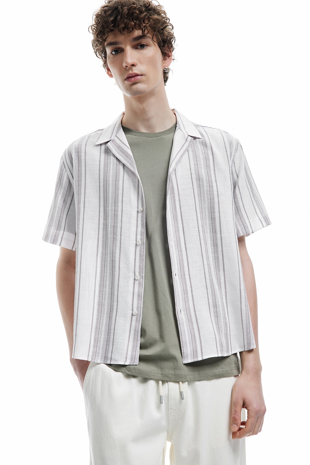 KOTON, Camasa regular fit cu model in dungi si maneci scurte, Maro, Bej deschis, XL