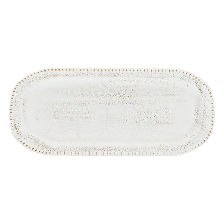 Platou Decorativ din Lemn Oval Dots Alb Brushed Auriu 35x15cm