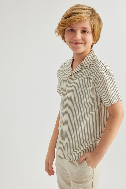 KOTON, Camasa cu model in dungi si buzunar aplicat pe piept, Negru stins/Crem