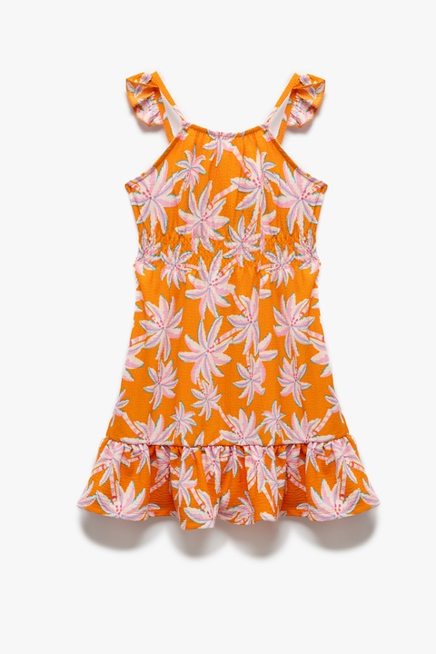 KOTON, Rochie evazata cu model tropical, Albastru pastel/Portocaliu/Roz prafuit