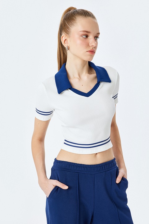 KOTON, Tricou polo cu croiala crop, Alb/Albastru royal