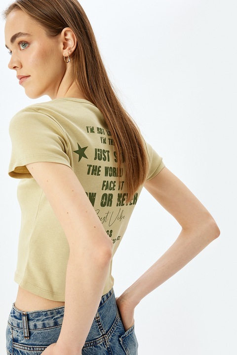 KOTON, Tricou crop cu imprimeu pe partea din spate, Verde/Maro camel