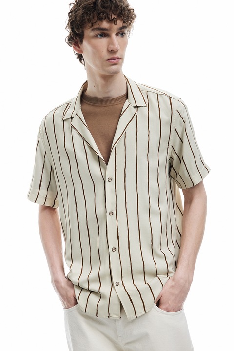 KOTON, Camasa cu guler, revere si model in dungi, Maro inchis/Bej deschis