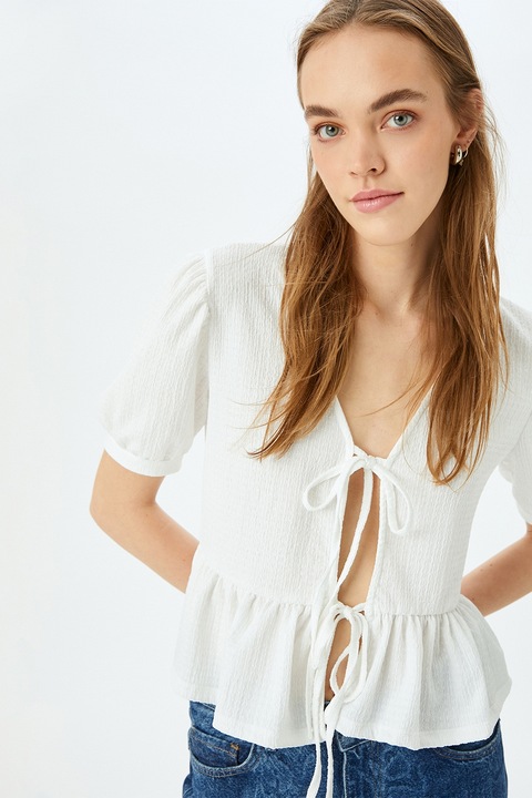 KOTON, Tricou texturat cu snur frontal si volane, Alb