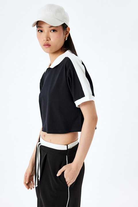 KOTON, Tricou crop polo, Alb/Negru