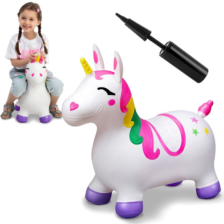 Joyin Unicorn felfújható játék gyerekeknek, ugráló állat pumpával, unikornis tölcsérrel, elősegíti az egyensúlyozást, 2, 3, 4, 5, 6 éves korig, fülek a kapaszkodáshoz, masszív és tartós