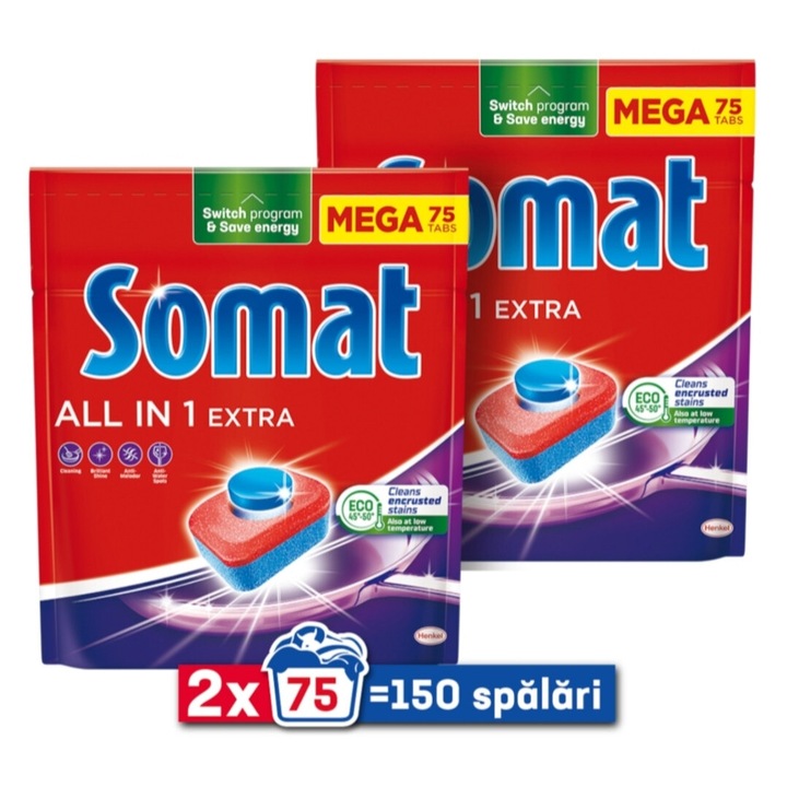 2 db-os csomag Somat All in One Extra mosogatógép mosogatószer, 150 mosásra