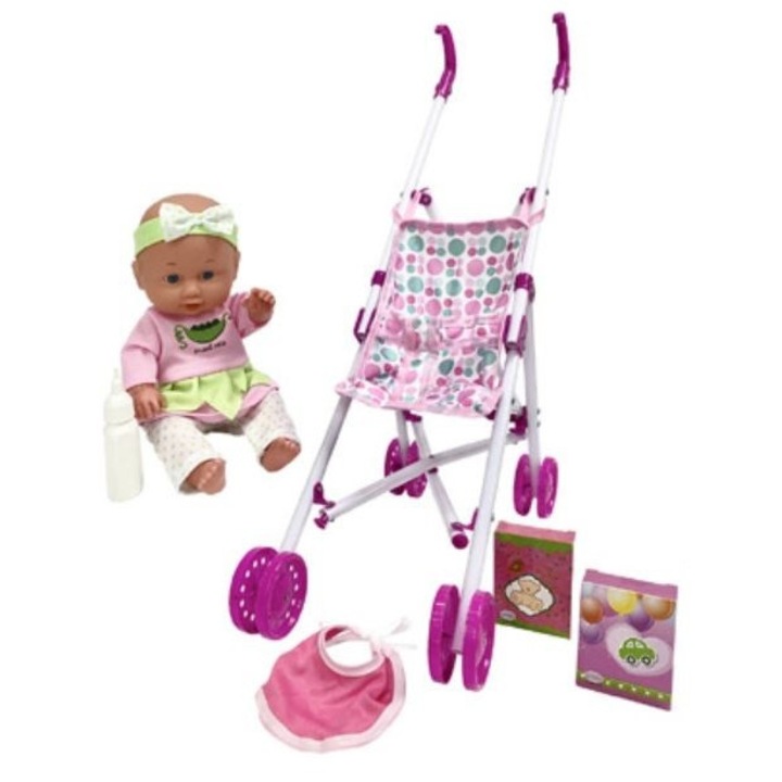 Julka baba 30 cm babakocsival, Smily Play, igényesen kidolgozott részletek, rózsaszín