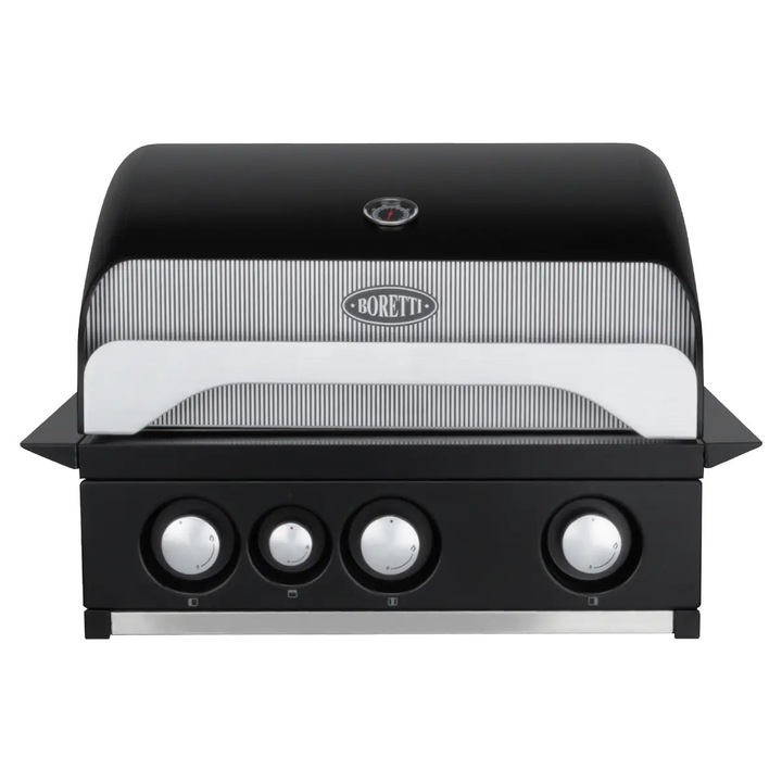 Gratar pe gaz Boretti, Leonardo Top, suprafata de gatit 58 x 42 cm, 2 placi grill din fonta, 1 placa neteda, spatiu pentru afumat, 4 arzatoare: 3 arzatoare principale, 1 arzator infrarosu, spatiu de depozitare, termometru integrat pe capac, negru