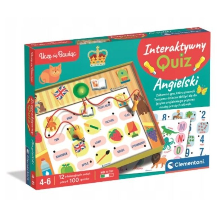 Joc de societate, Clementoni, Interaktywny Quiz Angielski, 12 jocuri educationale, peste 1000 de quizuri ilustrate
