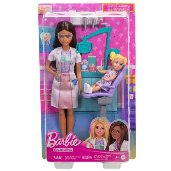 Set papusi Barbie Dentist, cu pacient, rochie colorata, 3 ani+