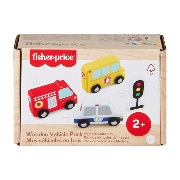 Set de masinute din lemn, Fisher Price, 4 piese, culori variate