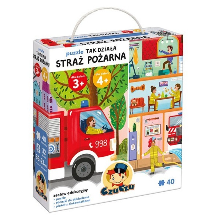 Образователен пъзел Czuczu, 40 части, тема пожарникари, с 32 изображения и плакат, многоцветен