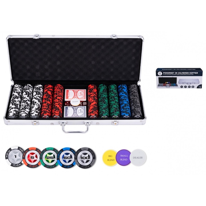 Set de poker Bicycle, 500 jetoane 14g, 2 pachete de carti, valiza argintie