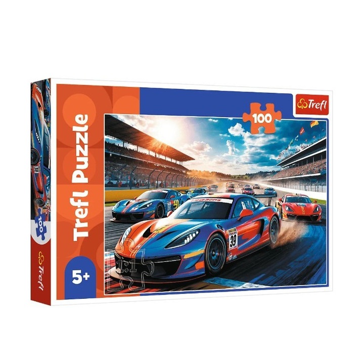 Puzzle 100 elemente Trefl, masina de curse, dimensiuni 410x275mm, ecologic