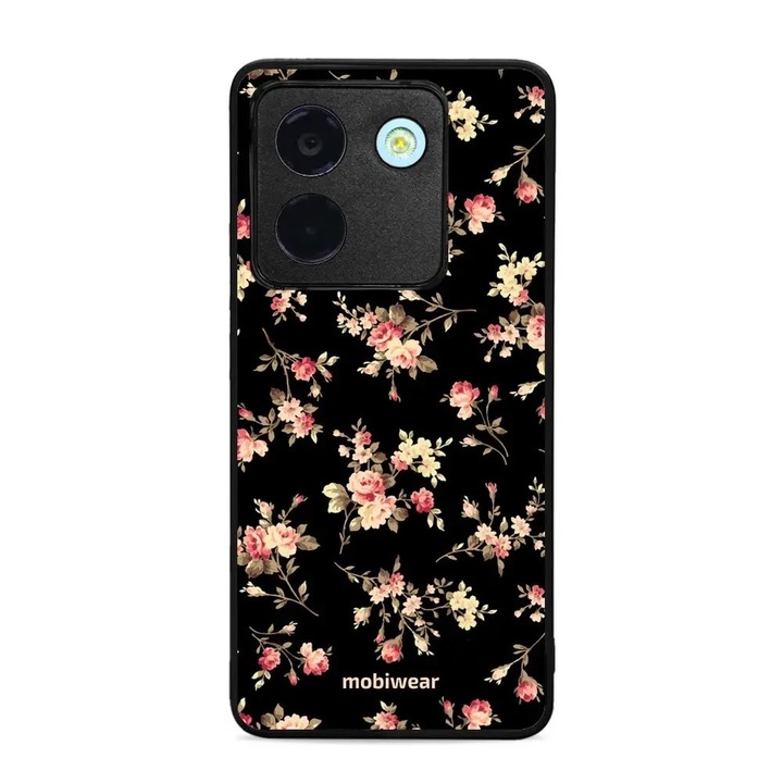 Husa telefon Mobiwear Glossy pentru Xiaomi POCO M7 Pro 5G, design flori, neagra, rezistenta la socuri si zgarieturi, set 1 buc.