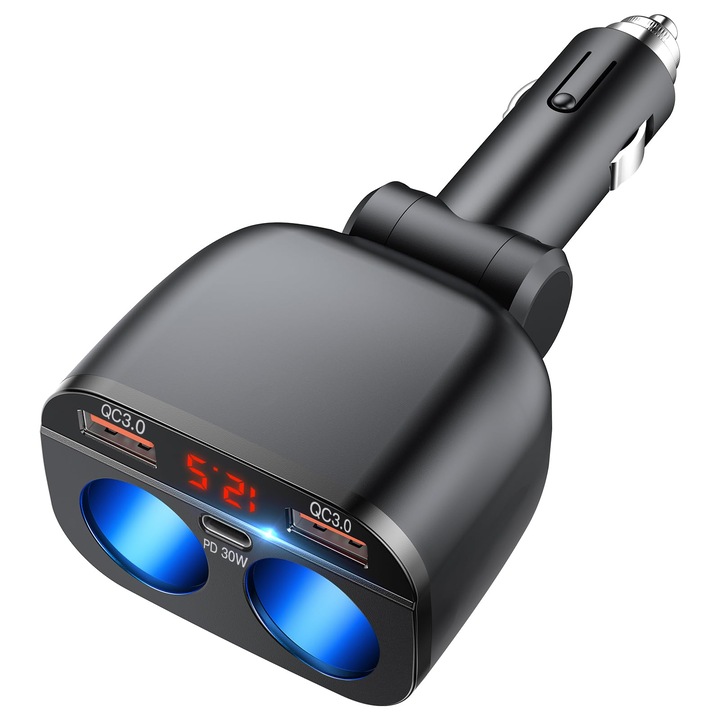 Adaptor Splitter Bricheta Oowolf - Incarcator Auto 5 In 1 12V Usb C Priza Auto 2 Cai 12 Volti Dc 80W Cu Comutator Voltmetru Led Usb Dual