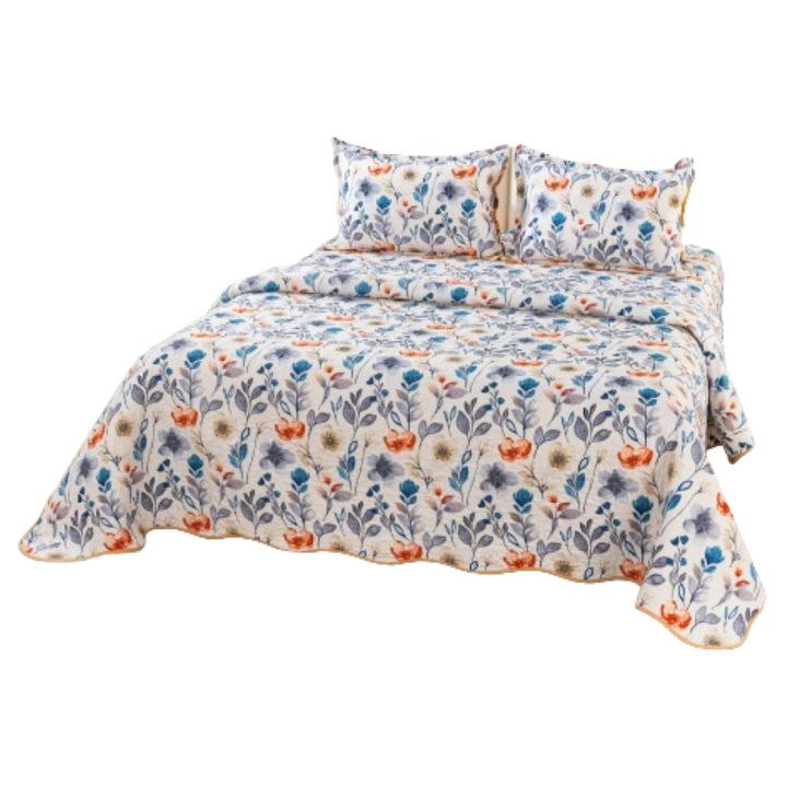 Cuvertura de pat, Microfibra, 3 piese, 2 persoane, 220x240cm, Imprimeu Flori Bicolore, Multicolor