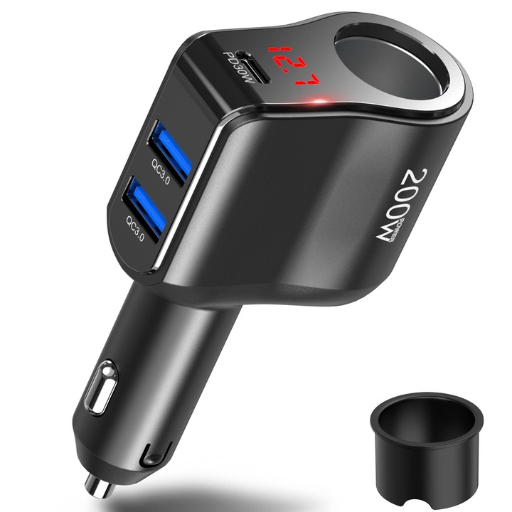 PD 30W-os autós szivargyújtó adapter, 200W 12V-os USB-C, 12 voltos egyenáramú csatlakozó, több autós aljzat voltmérővel, kettős C típusú csatlakozó iPhone-hoz, Samsunghoz, mobiltelefonhoz, GPS-hez, autós kamerához