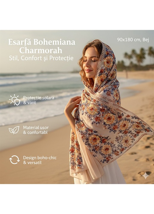Esarfa Bohemiana, Charmorah, Protectie Soare si Vant, Vascoza, Multicolora, 90x180 cm, Bej
