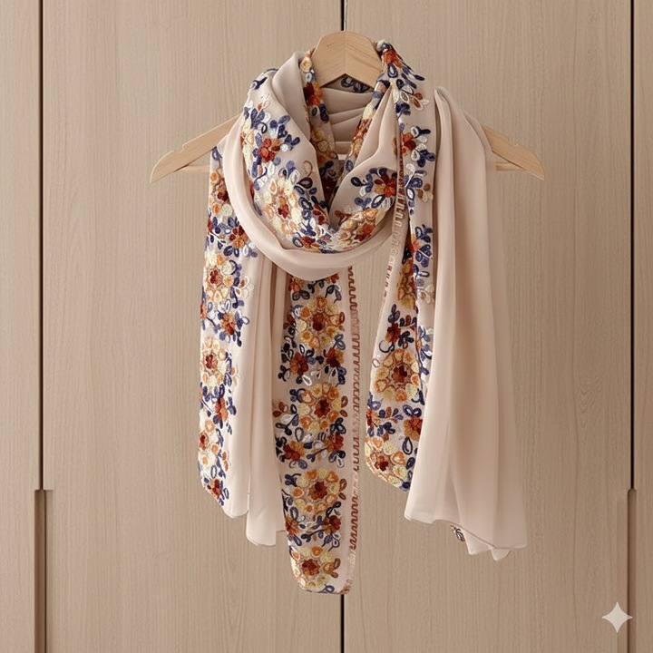 Esarfa Bohemiana, Charmorah, Protectie Soare si Vant, Vascoza, Multicolora, 90x180 cm, Bej