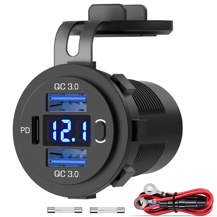 (3-Usb 66W) Pd Usb C 12V autós aljzat: Beépített USB aljzat, Vízálló 12 Voltos DC adapter, Autós csatlakozó kapcsolóval, LED voltmérő, USB csatlakozó iPhone-hoz, lakóautóhoz, motorkerékpárhoz, hajóhoz, teherautóhoz, lakókocsihoz