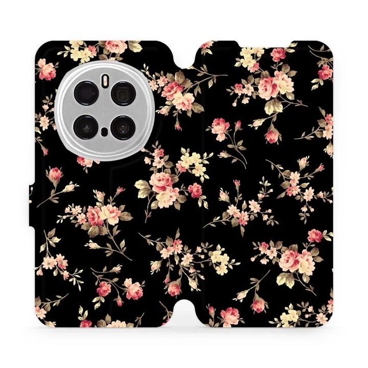 Husa flip Mobiwear pentru Honor Magic7 Pro 5G, design flori pe fundal negru, rezistent la socuri si zgarieturi, dimensiuni 10x15x22cm