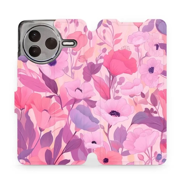 Husa flip Mobiwear pentru Xiaomi POCO F7 Pro 5G, design cu flori, roz, material din piele ecologica