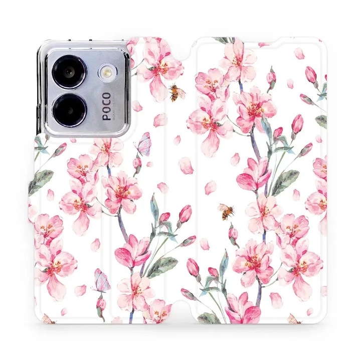 Husa flip Mobiwear pentru Xiaomi POCO M7 Pro 5G, design flori, roz, material ecologic, set 1 husa