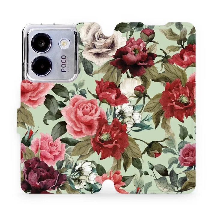 Husa flip Mobiwear pentru Xiaomi POCO M7 Pro 5G, design flori pe verde, rezistenta la socuri si zgarieturi